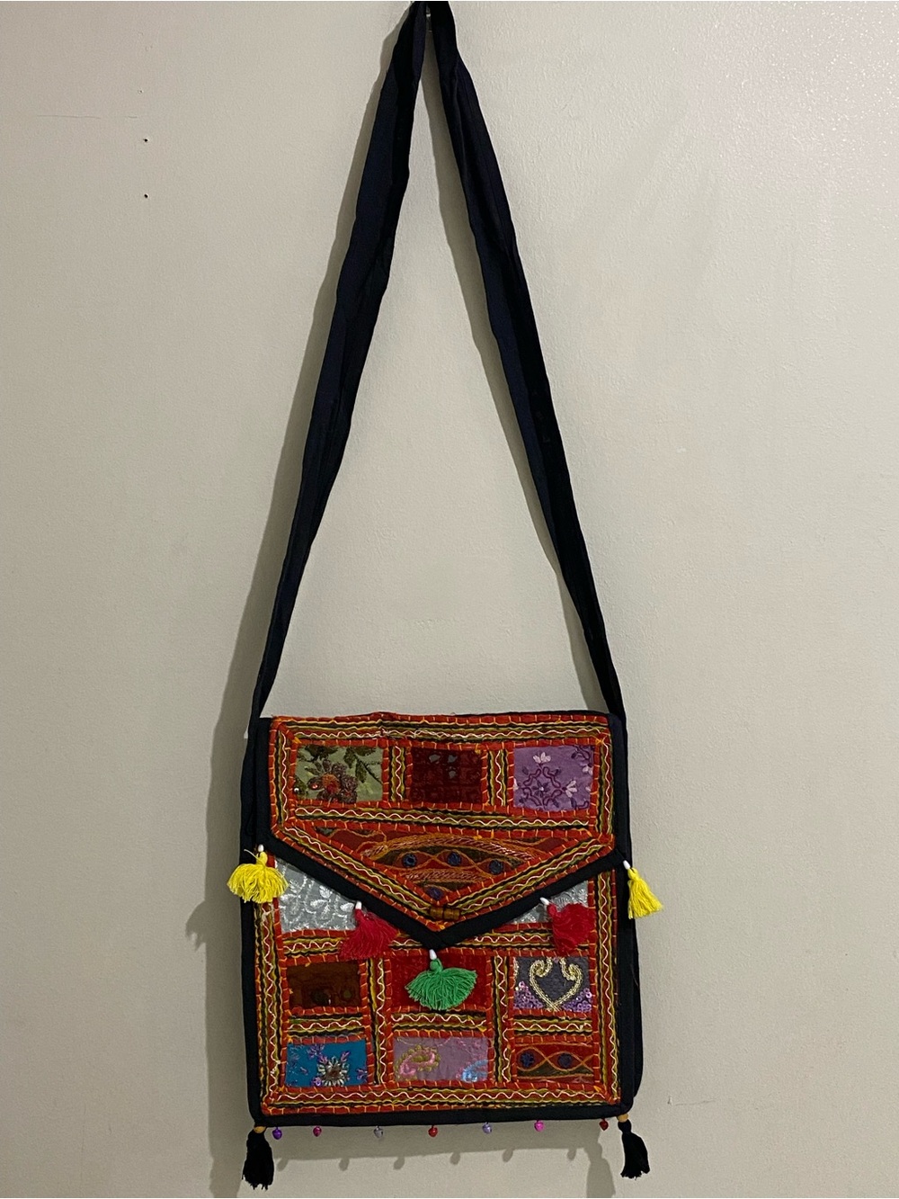 Embroidered Multicolor Crossbody Shoulder Bag - Bohemian Patchwork Zip Closure